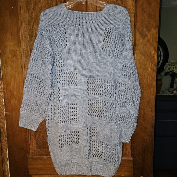 Grey Oversized Crochet Cardigan Women's Small | Boho Cozy Long‑Sleeve Layer New - Picture 5 of 7